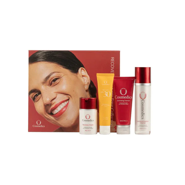 O Cosmedics Sale. Core Four Christmas Pack. Contains O Cosmedics Gentle Antioxidant Cleanser, O Cosmedics Exfoliating Cleanser, O Cosmedics Rebalancing Cream, your choice of FREE O Cosmedics Mineral Pro Sunscreen PLUS FREE Travel Bag