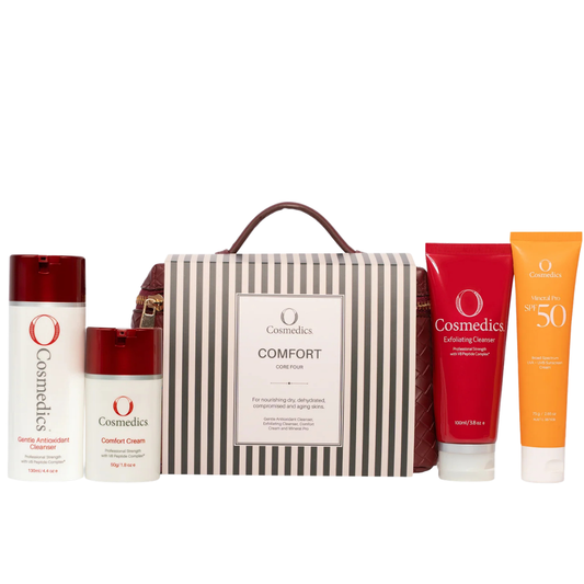 O Cosmedics The Core Four Collection Comfort skincare gift set with O Cosmedics Gentle Antioxidant Cleanser, O Cosmedics Exfoliating Cleanser, O Cosmedics Comfort Cream and O Cosmedics Mineral Pro SPF 50 Untinted.