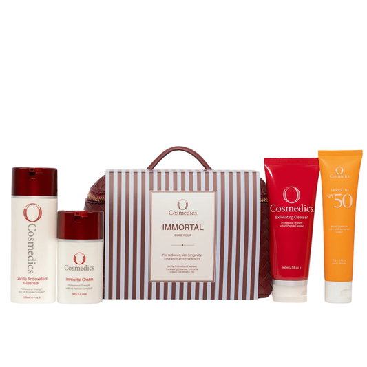 O Cosmedics Core Four Collection Immortal with peptide-rich anti-ageing skincare essentials and luxury travel case for hydration, fine lines and radiance.