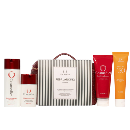 O Cosmedics The Core Four Collection Rebalancing with lightweight skincare essentials and luxury travel case for oily, combination and congestion-prone skin.