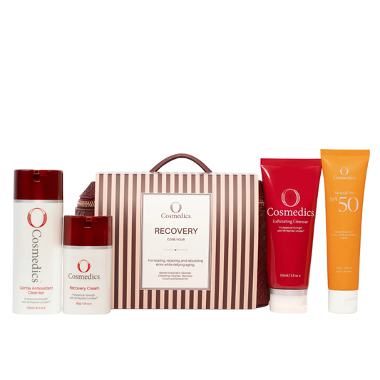 O Cosmedics The Core Four Collection Recovery skincare gift set with O Cosmedics Gentle Antioxidant Cleanser, O Cosmedics Exfoliating Cleanser, O Cosmedics Recovery Cream and O Cosmedics Mineral Pro SPF 50 Untinted.