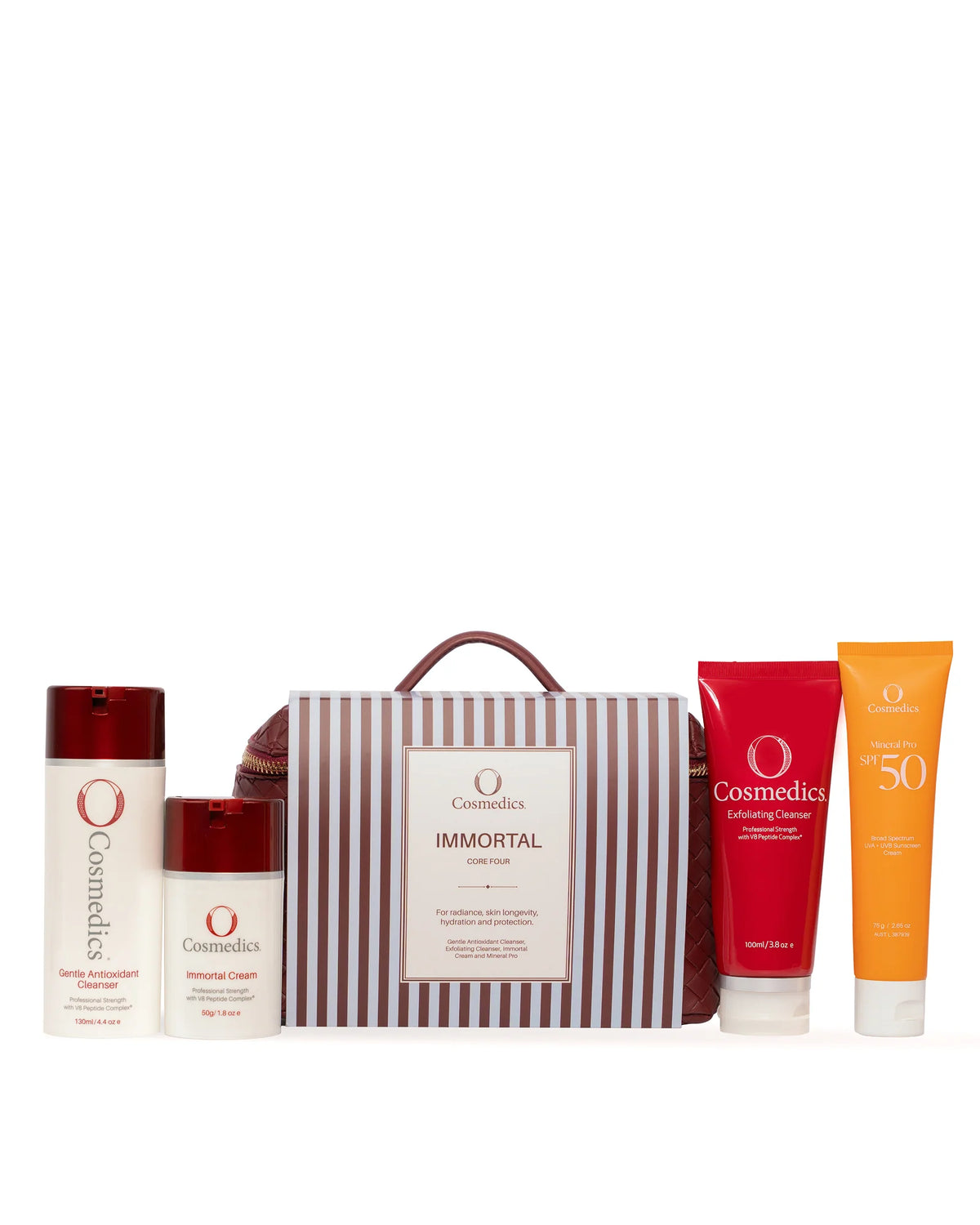 O Cosmedics Core Four Collection Immortal with peptide-rich anti-ageing skincare essentials and luxury travel case for hydration, fine lines and radiance.