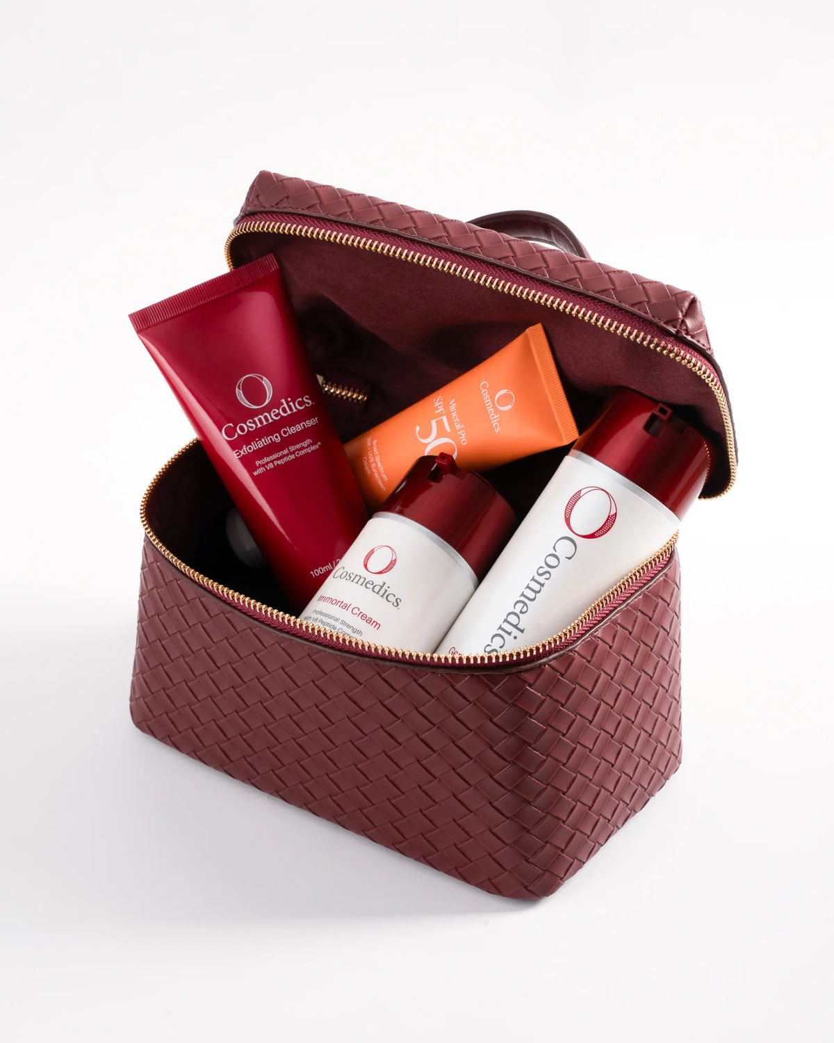 O Cosmedics Core Four Collection Immortal skincare gift set with O Cosmedics Gentle Antioxidant Cleanser, O Cosmedics Exfoliating Cleanser, O Cosmedics Immortal Cream and O Cosmedics Mineral Pro SPF 50 Untinted.