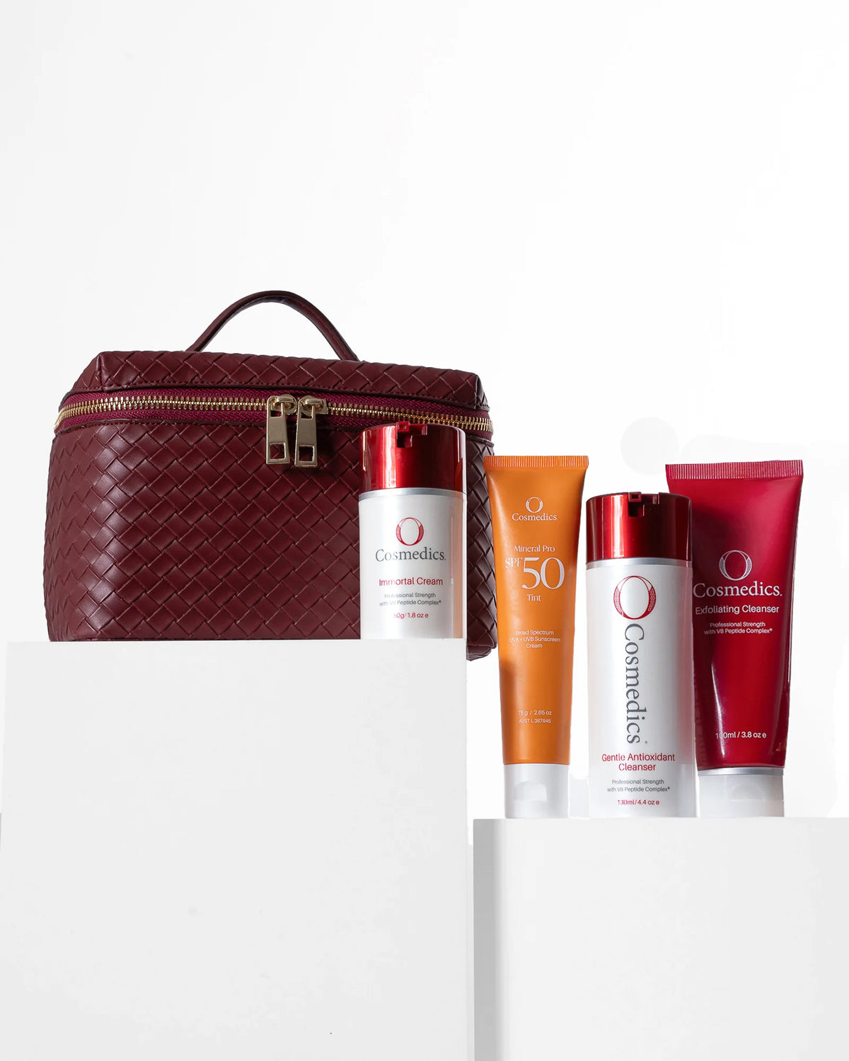 O Cosmedics Core Four Collection Immortal skincare gift set with O Cosmedics Immortal Cream, O Cosmedics Gentle Antioxidant Cleanser, O Cosmedics Exfoliating Cleanser and O Cosmedics Mineral Pro SPF 50 Tinted.