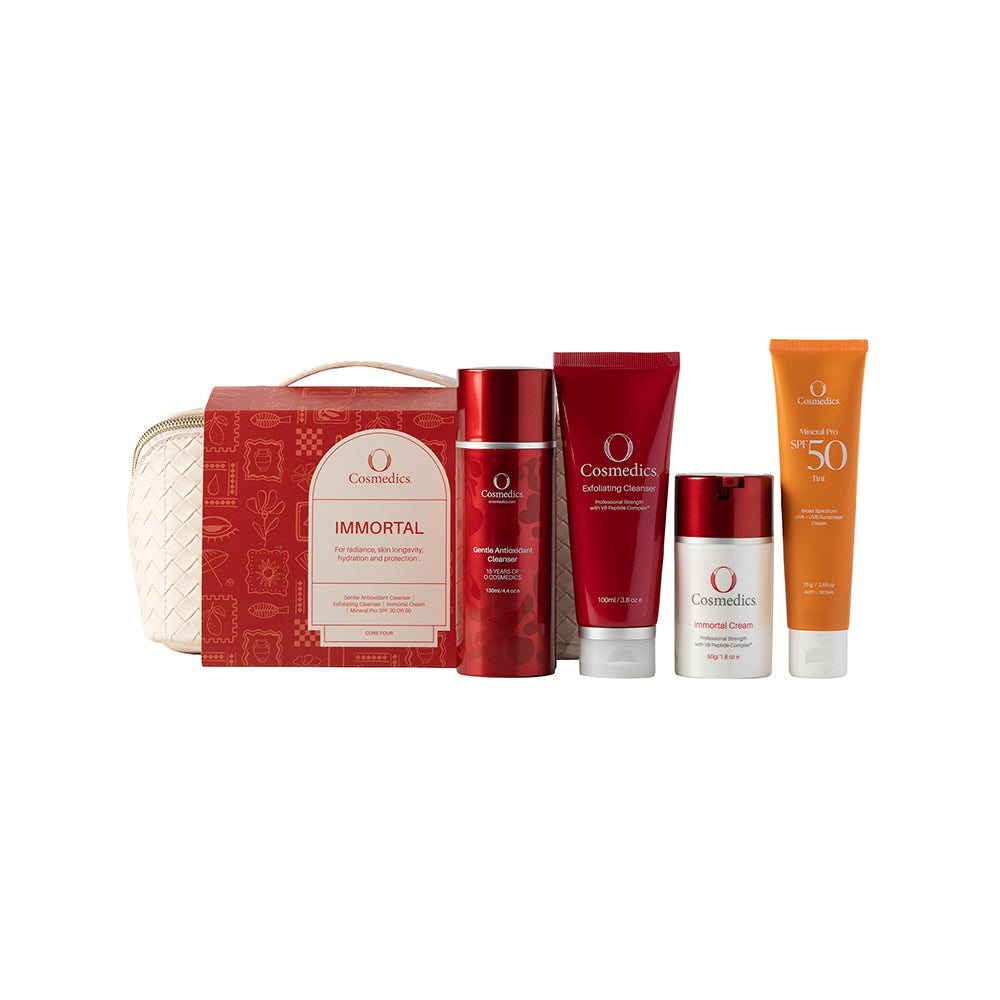O Cosmedics Sale. Core Four Christmas Pack. Contains O Cosmedics Gentle Antioxidant Cleanser, O Cosmedics Exfoliating Cleanser, O Cosmedics Immortal Cream, your choice of FREE O Cosmedics Mineral Pro Sunscreen PLUS FREE Travel Bag