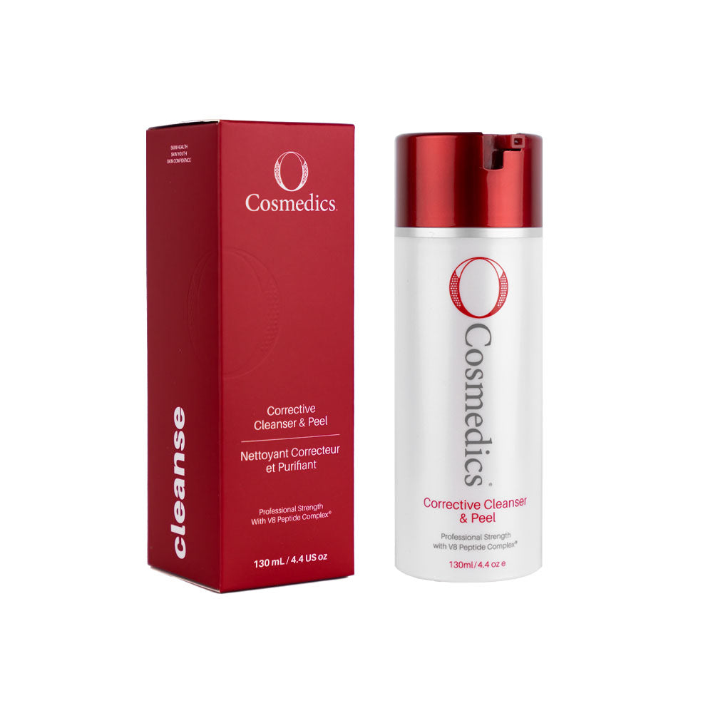 O Cosmedics Corrective Cleanser & Peel 130ml for AHA resurfacing, congested skin, dullness and daily evening cleansing.