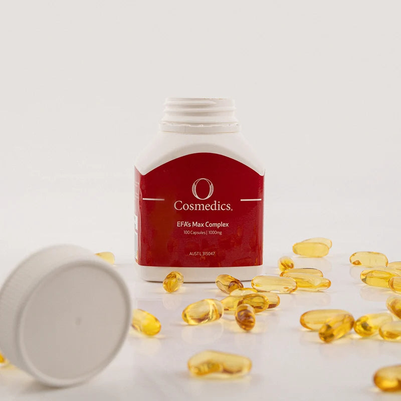O Cosmedics EFAs Max Complex 1000mg omega supplement combining plant and marine oils for skin health, hair health and general wellbeing.