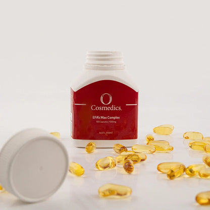 O Cosmedics EFAs Max Complex 1000mg omega supplement combining plant and marine oils for skin health, hair health and general wellbeing.