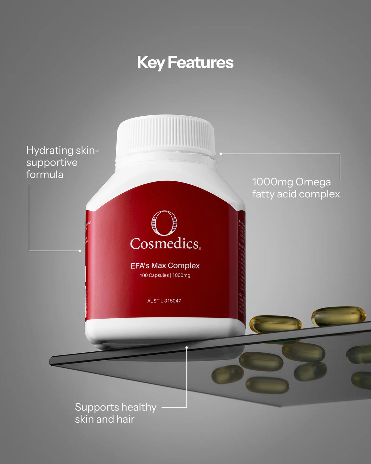 O Cosmedics EFAs Max Complex essential fatty acid supplement supporting skin, hair and general wellbeing with a 1000mg oil blend.