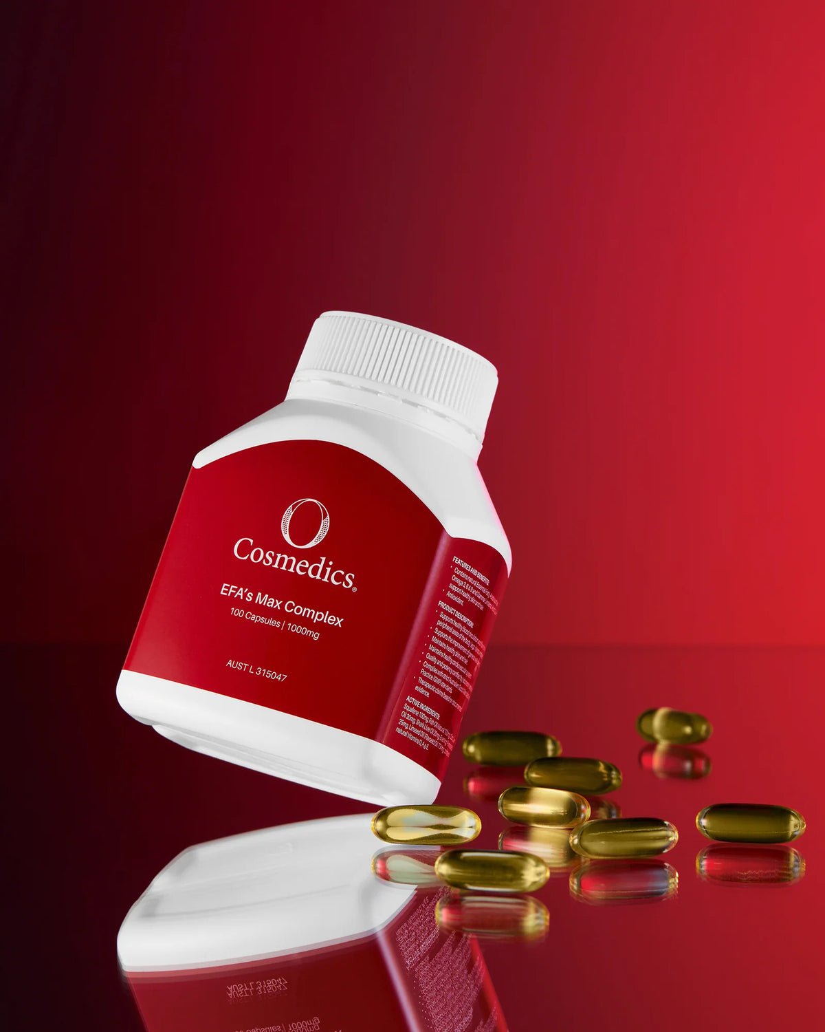 O Cosmedics EFAs Max Complex omega supplement with plant and marine oils, displayed alongside golden softgel capsules.