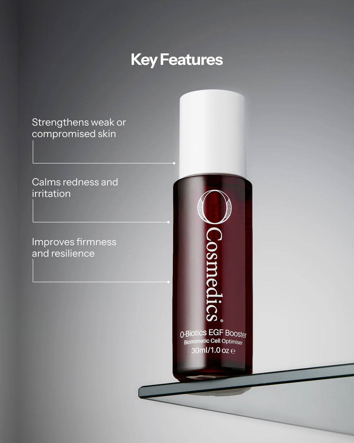 O Cosmedics EGF Booster key features for compromised skin, redness calming, improved resilience and firmer-looking skin.