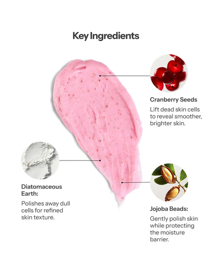 O Cosmedics Exfoliating Cleanser with Cranberry Seeds, Jojoba Beads and Diatomaceous Earth for physical skin exfoliation.