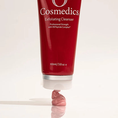 O Cosmedics Exfoliating Cleanser creamy granular facial scrub texture with natural exfoliating particles for smoother skin.