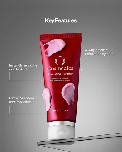 O Cosmedics Exfoliating Cleanser texture-refining formula with 4-way physical exfoliation, pore detoxifying and instant smoothness.