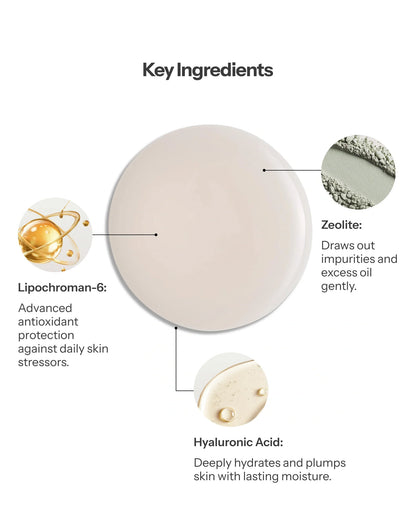O Cosmedics Gentle Antioxidant Cleanser with Lipochroman-6, Zeolite and Hyaluronic Acid for antioxidant defence, purification and hydration.
