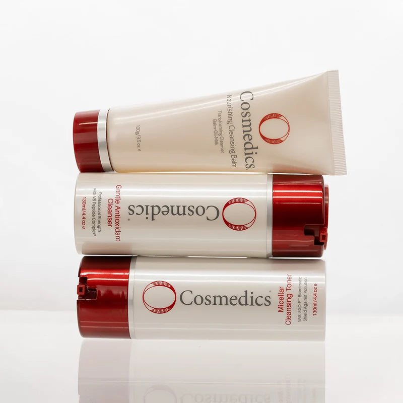 O Cosmedics Gentle Antioxidant Cleanser with Nourishing Cleansing Balm and Micellar Cleansing Toner for a complete daily cleansing routine.