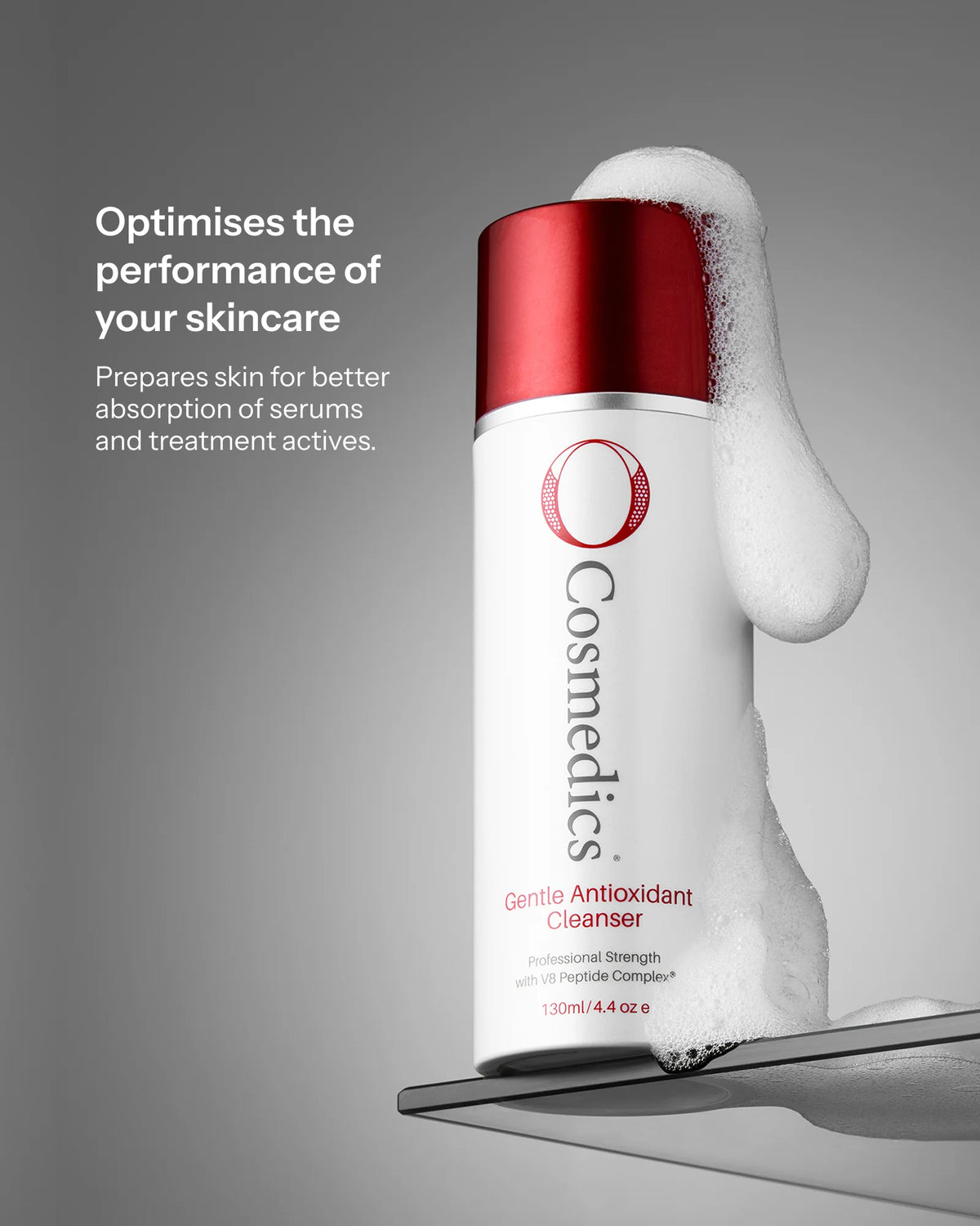 O Cosmedics Gentle Antioxidant Cleanser foaming gel cleanser that prepares skin for better absorption of serums and treatment actives.