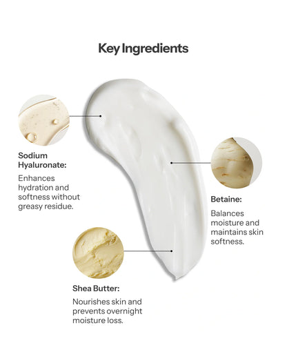 O Cosmedics Hydra Plus Sleep-In Mask with Sodium Hyaluronate, Betaine and Shea Butter for hydration and softness.