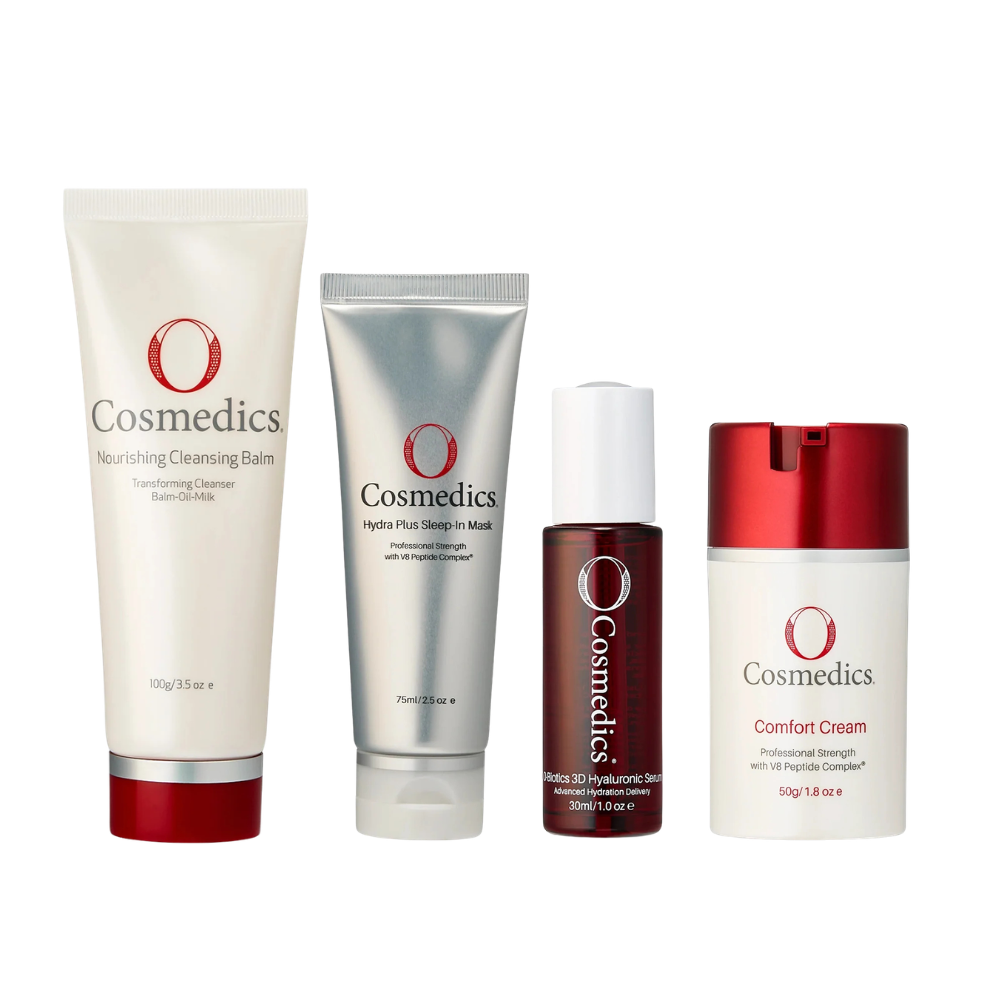 O Cosmedics Hydration Starter Kit routine for nourishing cleansing, hyaluronic hydration, overnight moisture recovery and barrier comfort.
