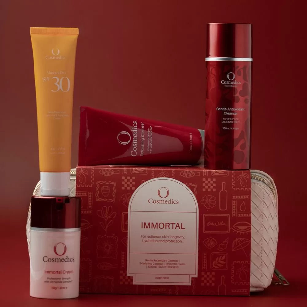 O Cosmedics Sale. Core Four Christmas Pack. Contains O Cosmedics Gentle Antioxidant Cleanser, O Cosmedics Exfoliating Cleanser, O Cosmedics Immortal Cream, your choice of FREE O Cosmedics Mineral Pro Sunscreen PLUS FREE Travel Bag