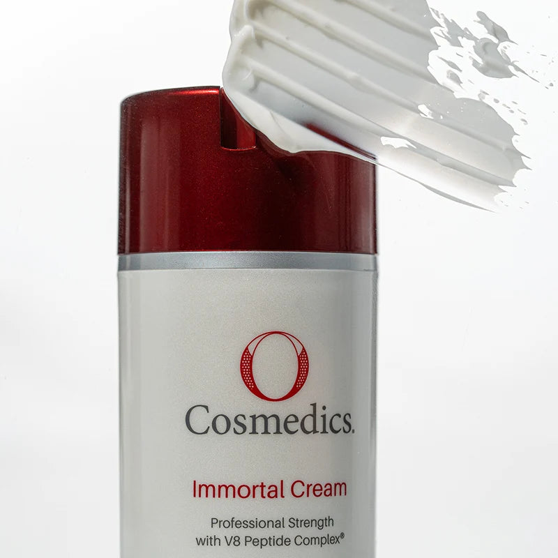 O Cosmedics Immortal Cream peptide moisturiser texture with biomimetic hydration and antioxidant support.