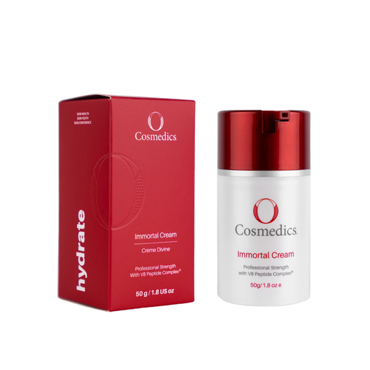 O Cosmedics Immortal Cream 50g anti-ageing moisturiser with Vitamin C and peptides for hydration, fine lines and radiance.
