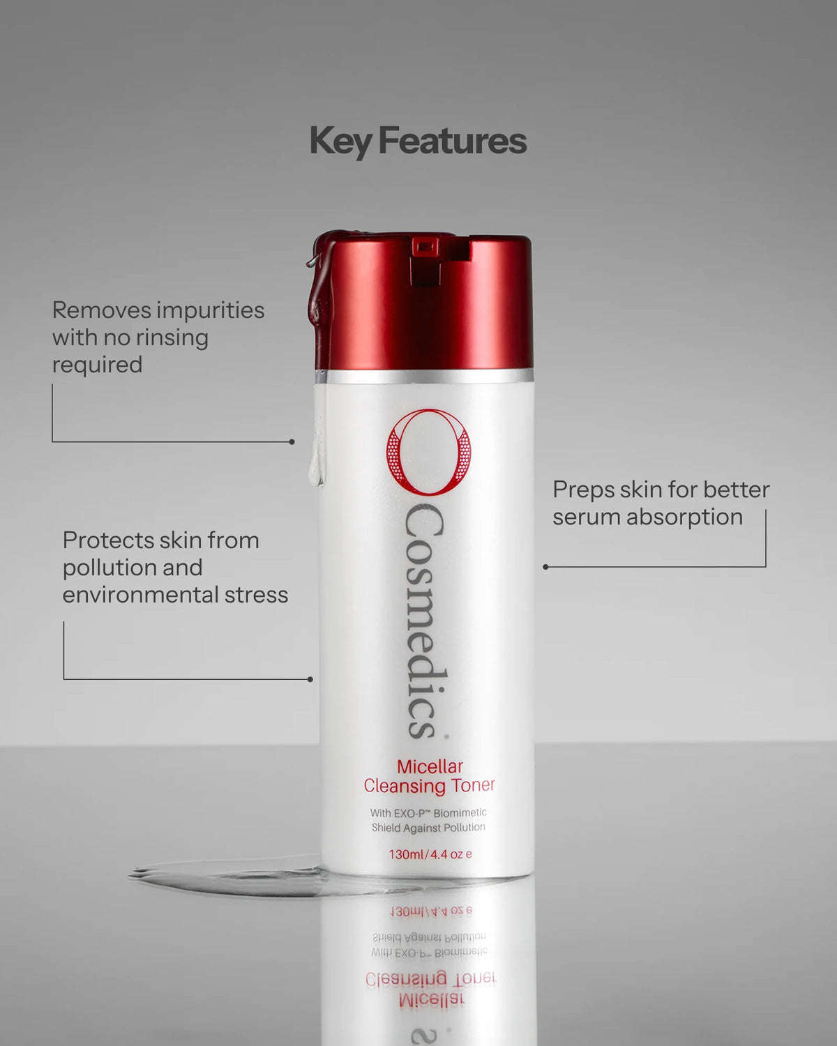 O Cosmedics Micellar Cleansing Toner for no-rinse cleansing, pollution protection and pre-serum skin preparation.
