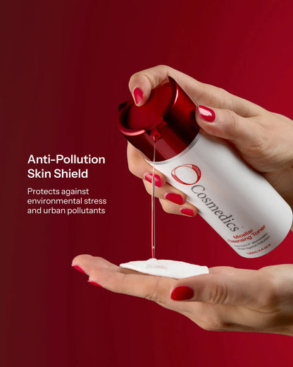 O Cosmedics Micellar Cleansing Toner with EXO-P anti-pollution shield for environmental stress and urban pollutant protection.