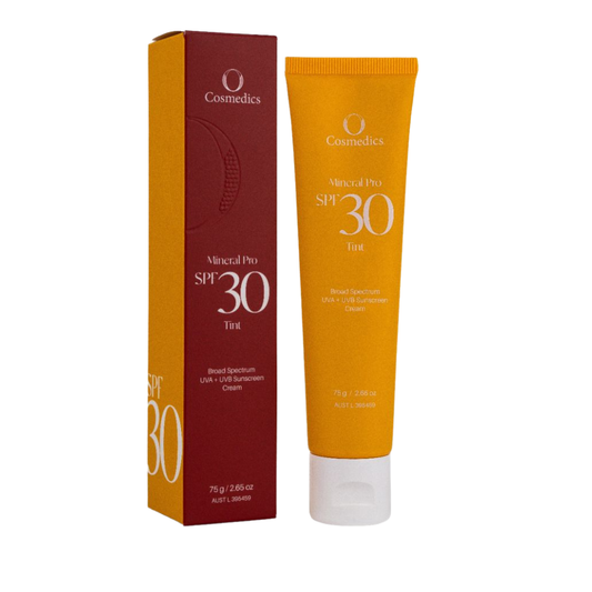 O Cosmedics Mineral Pro SPF 30 Tinted 75g lightweight mineral sunscreen with broad-spectrum zinc protection and sheer complexion tint.