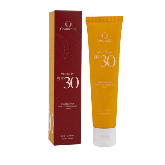 O Cosmedics Mineral Pro SPF 30 Untinted 75g lightweight zinc sunscreen with broad-spectrum UVA and UVB protection.