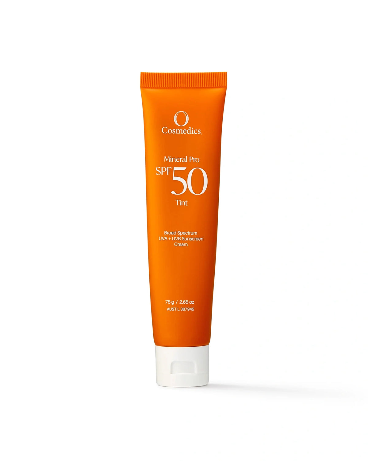 O Cosmedics Mineral Pro SPF 50 Tinted 75g zinc sunscreen with sheer skin-evening tint and luminous finish.