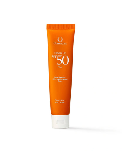 O Cosmedics Mineral Pro SPF 50 Tinted 75g zinc sunscreen with sheer skin-evening tint and luminous finish.