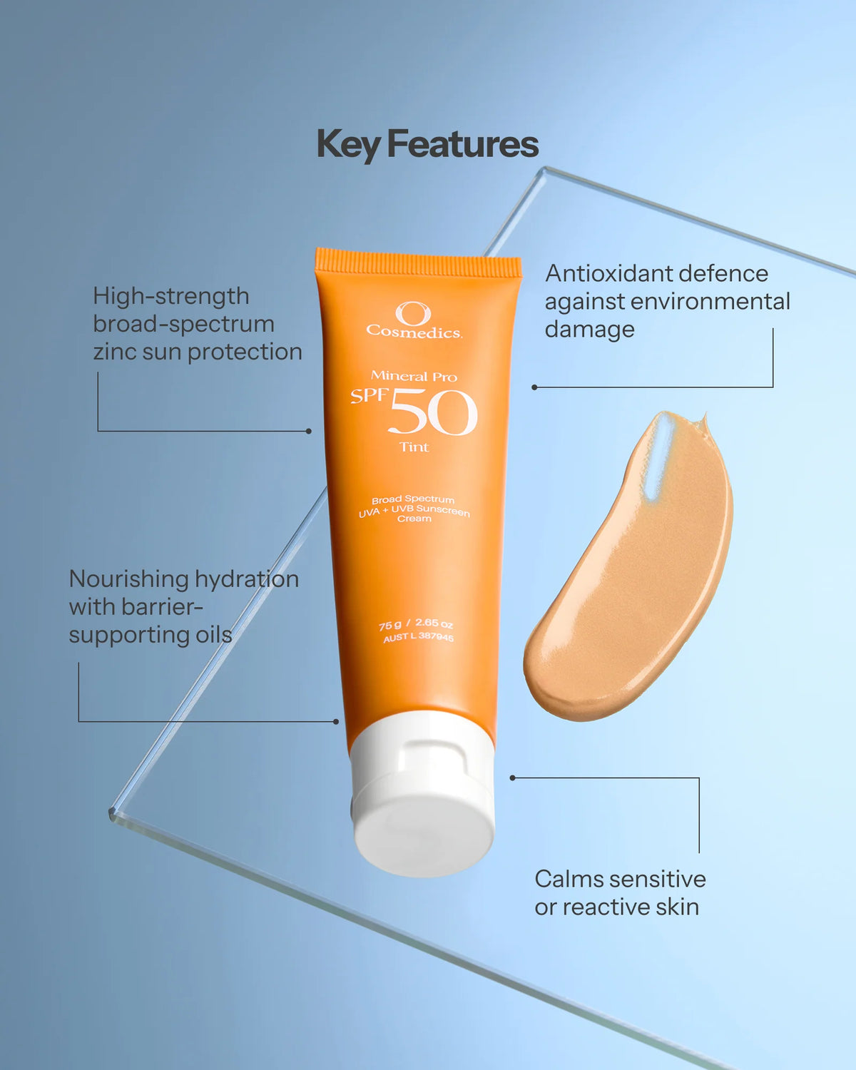 O Cosmedics Mineral Pro SPF 50 Tinted with high-strength zinc protection, antioxidant defence and nourishing hydration.