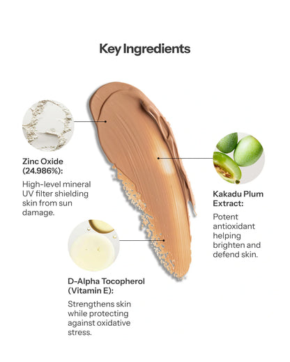 O Cosmedics Mineral Pro SPF 50 Tinted with 24.986% Zinc Oxide, Kakadu Plum Extract and antioxidant Vitamin E.