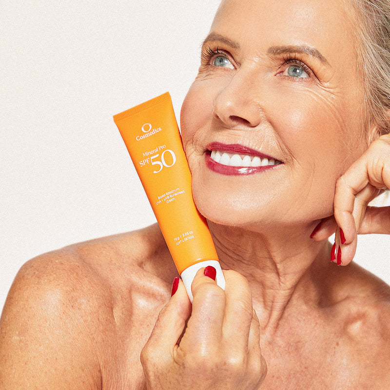 O Cosmedics Mineral Pro SPF 50 Tinted 75g nourishing zinc sunscreen for mature, dry and pigmentation-prone skin.