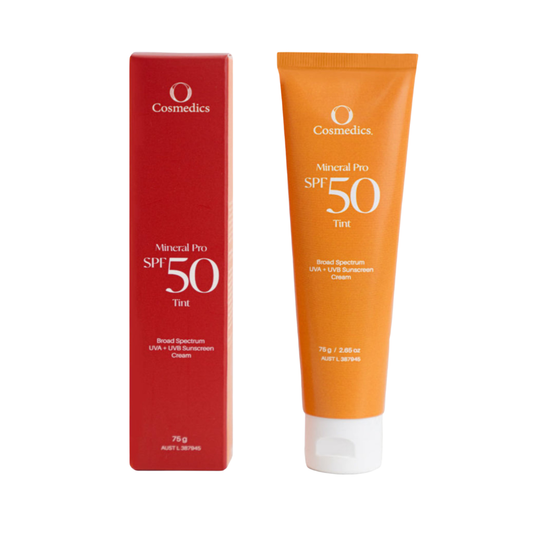 O Cosmedics Mineral Pro SPF 50 Tinted 75g broad-spectrum zinc mineral sunscreen for normal, dry and sensitive skin.