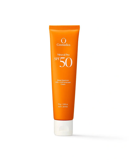 O Cosmedics Mineral Pro SPF 50 Untinted 75g mineral face sunscreen with nourishing UVA and UVB protection.