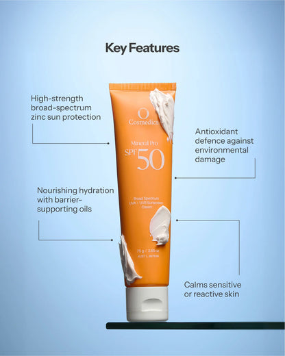 O Cosmedics Mineral Pro SPF 50 Untinted with high-strength zinc protection, antioxidant defence and moisturising barrier support.