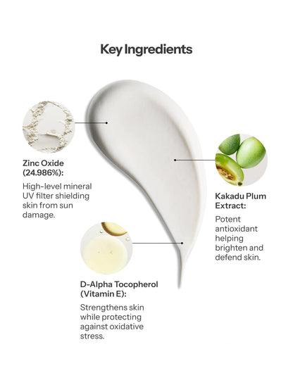 O Cosmedics Mineral Pro SPF 50 Untinted with 24.986% Zinc Oxide, Kakadu Plum Extract and antioxidant Vitamin E.