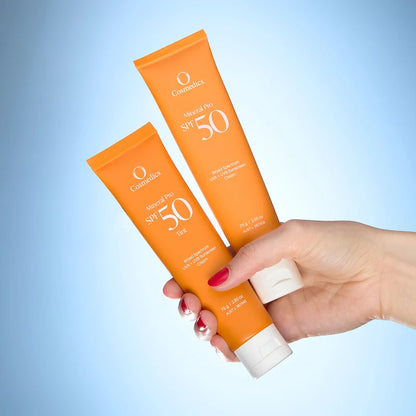 O Cosmedics Mineral Pro SPF 50 Untinted and O Cosmedics Mineral Pro SPF 50 Tinted mineral sunscreen options for broad-spectrum sun protection.