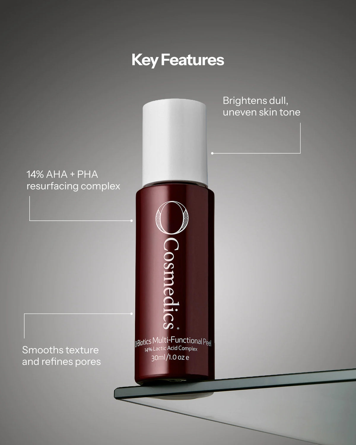 O Cosmedics Multi-Functional Peel with 14% AHA PHA resurfacing complex for dull skin, uneven tone and refined pores.