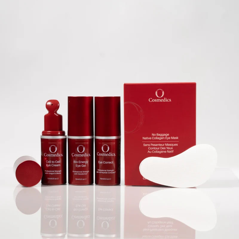 O Cosmedics No Baggage Native Collagen Eye Masks with Bio-Energy Eye Gel, Cell to Cell Eye Cream and Eye Correct for targeted eye care.