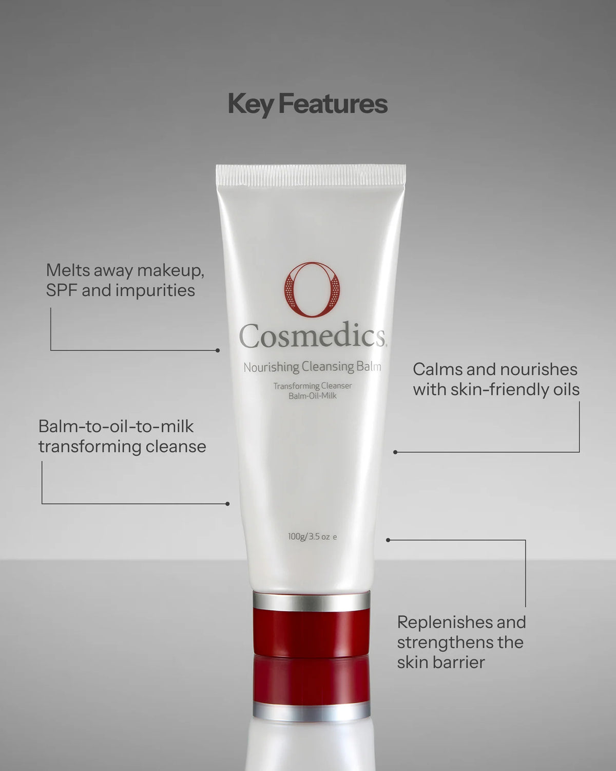 O Cosmedics Nourishing Cleansing Balm key features for dry skin cleansing, SPF removal, barrier nourishment and balm-to-milk comfort.
