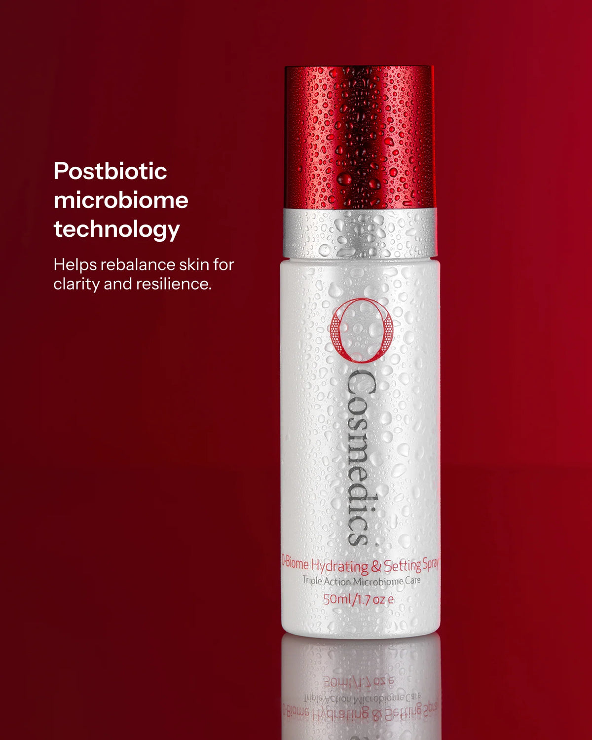 O Cosmedics O-Biome Hydrating & Setting Spray with postbiotic OXY 229 technology for microbiome balance, clarity and resilience.