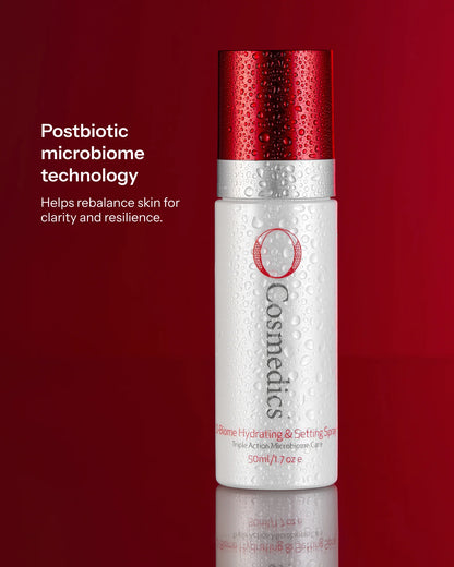 O Cosmedics O-Biome Hydrating & Setting Spray with postbiotic OXY 229 technology for microbiome balance, clarity and resilience.