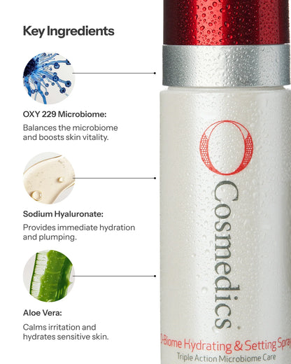 O Cosmedics O-Biome Hydrating & Setting Spray with OXY 229, Sodium Hyaluronate and Aloe Vera for hydration and microbiome support.