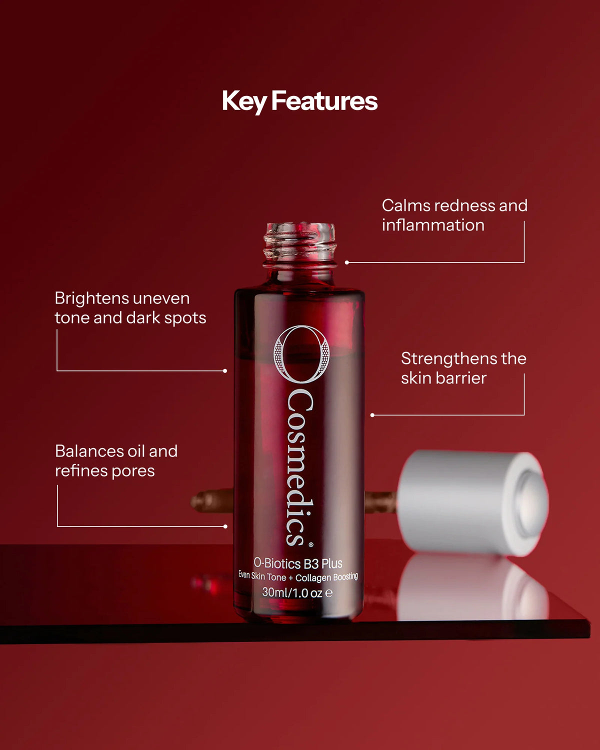 O Cosmedics O-Biotics B3 Plus key features for brightening uneven tone, calming redness, refining pores and strengthening the skin barrier.