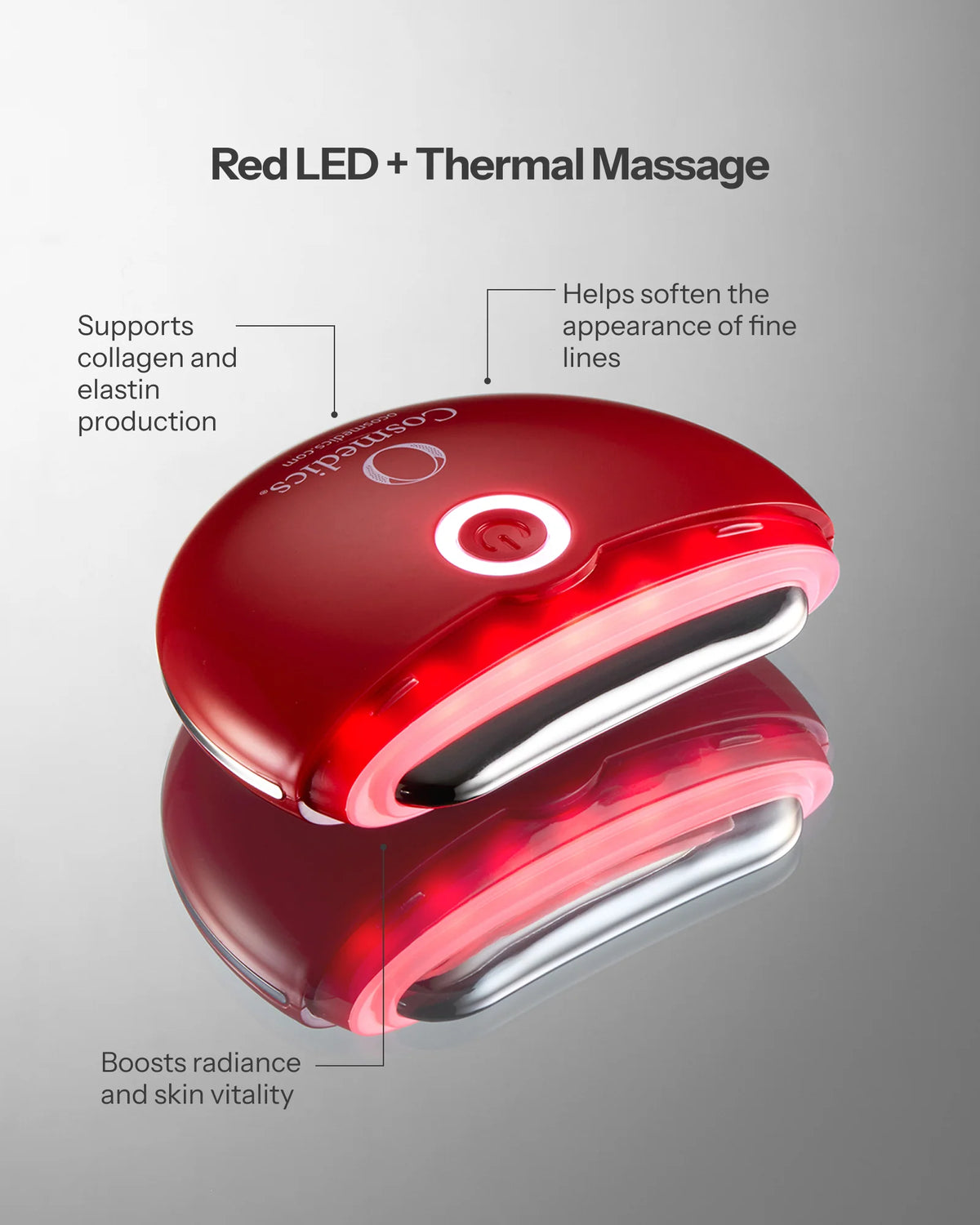 O Cosmedics O-Rejuv Facial Device red LED and thermal massage mode supporting smoother-looking skin, radiance and facial firmness.
