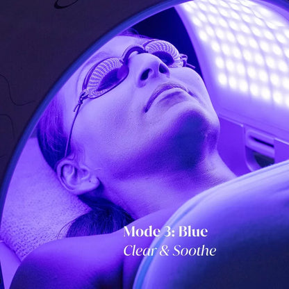 Blue LED light therapy treatment with the O Cosmedics O LED Light Therapy device to help target acne-causing bacteria and support clearer looking skin.