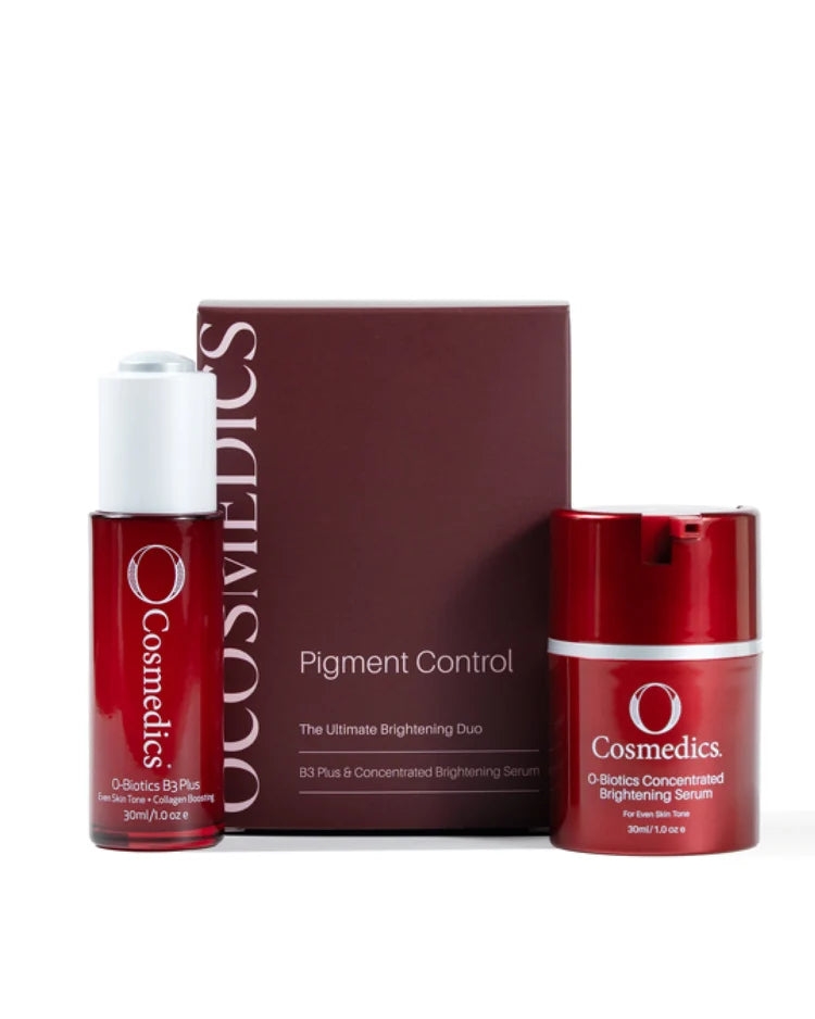 O Cosmedics Pigment Control Duo with O Cosmedics O-Biotics B3 Plus 30ml and O Cosmedics O-Biotics Concentrated Brightening Serum 30ml for dark spots, pigmentation and uneven skin tone.